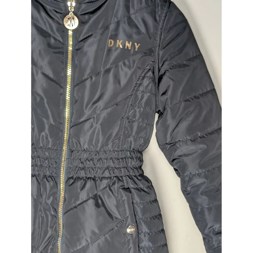 DKNY Girls Reversible Faux Fur Puffer Jacket Black White‎ Gold Size M 10 12 Coat